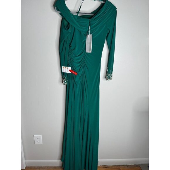 MAC DUGGAL Maxi Gown Dress Green Beaded Cuff Off Shoulder Jersey Stretch Size 4 - Picture 8 of 8